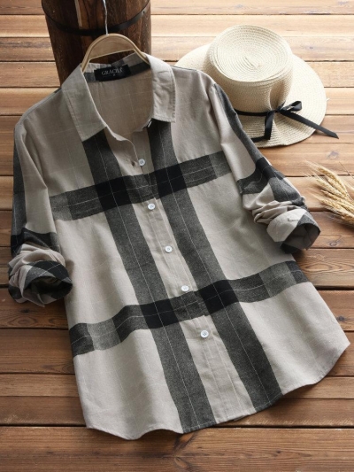 Vintage Plaid Long Sleeve Turn-down Collar Shirts