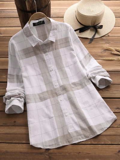 Vintage Plaid Long Sleeve Turn-down Collar Shirts YOUYOUFASHIONEC.com