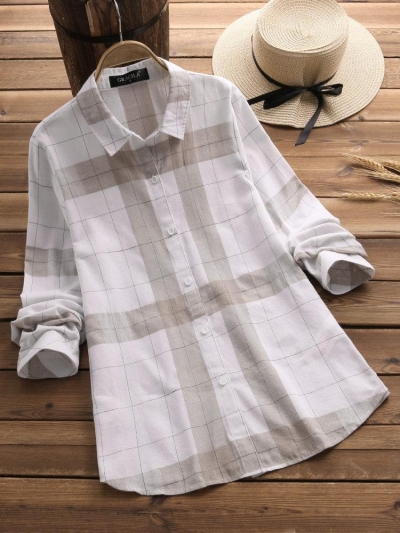 Vintage Plaid Long Sleeve Turn-down Collar Shirts STYLESIMO.com