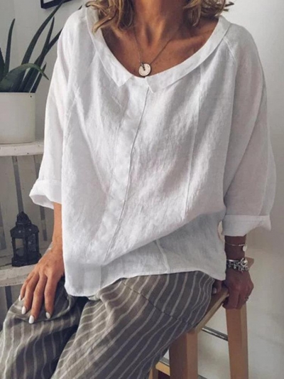 Lapel Solid Color Loose 3/4 Sleeve Casual Blouse YOUYOUFASHIONEC.com