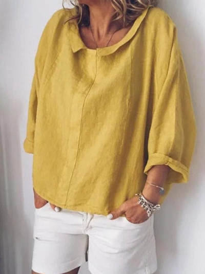Lapel Solid Color Loose 3/4 Sleeve Casual Blouse STYLESIMO.com