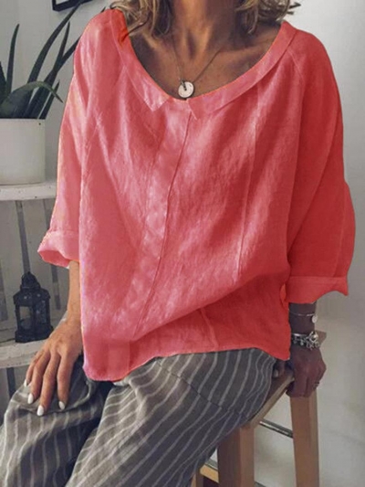 Lapel Solid Color Loose 3/4 Sleeve Casual Blouse YOUYOUFASHIONEC.com