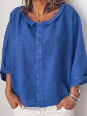 Lapel Solid Color Loose 3/4 Sleeve Casual Blouse