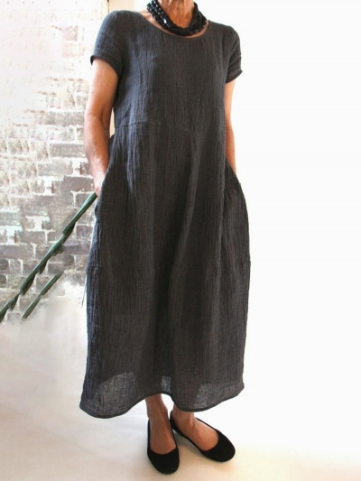 Summer Pockets Round Neck Shift Linen Dresses YOUYOUFASHIONEC.com