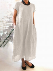 Summer Pockets Round Neck Shift Linen Dresses