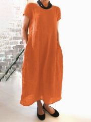 Summer Pockets Round Neck Shift Linen Dresses