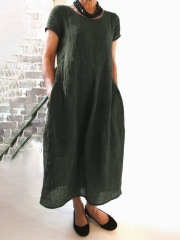 Summer Pockets Round Neck Shift Linen Dresses