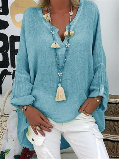 Chic Solid Color V Neck Long Sleeve Blouse YOUYOUFASHIONEC.com