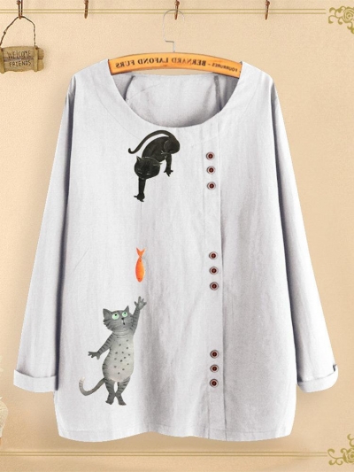 Button Cartoon Cat Print Long Sleeve Blouse For Women