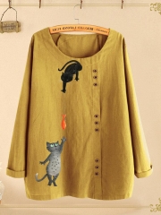 Button Cartoon Cat Print Long Sleeve Blouse For Women