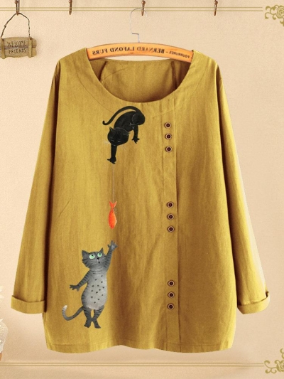 Button Cartoon Cat Print Long Sleeve Blouse For Women YOUYOUFASHIONEC.com