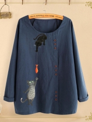 Button Cartoon Cat Print Long Sleeve Blouse For Women