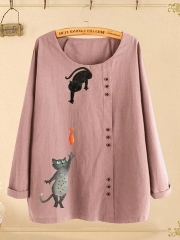 Button Cartoon Cat Print Long Sleeve Blouse For Women