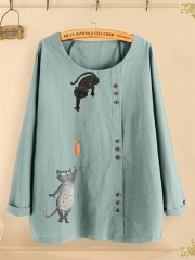 Button Cartoon Cat Print Long Sleeve Blouse For Women