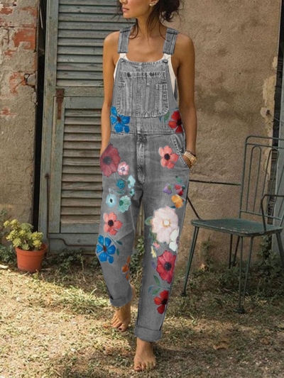 Sleeveless Denim Floral Floral-Print One-Pieces YOUYOUFASHIONEC.com