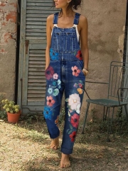 Sleeveless Denim Floral Floral-Print One-Pieces