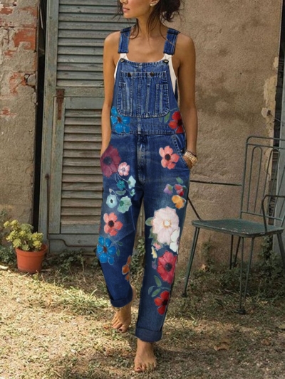 Sleeveless Denim Floral Floral-Print One-Pieces YOUYOUFASHIONEC.com