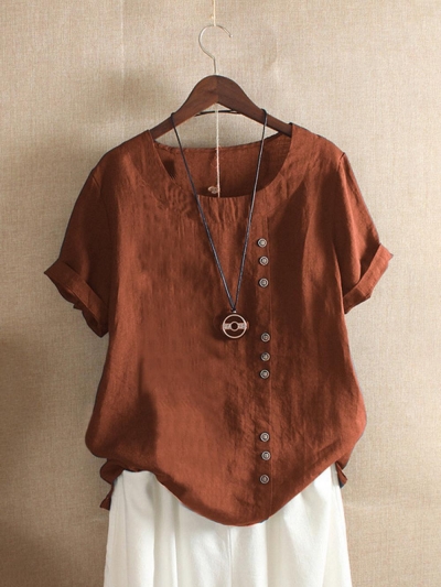 Solid Color Short Sleeve Button Summer T-shirt YOUYOUFASHIONEC.com