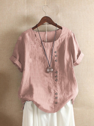 Solid Color Short Sleeve Button Summer T-shirt YOUYOUFASHIONEC.com