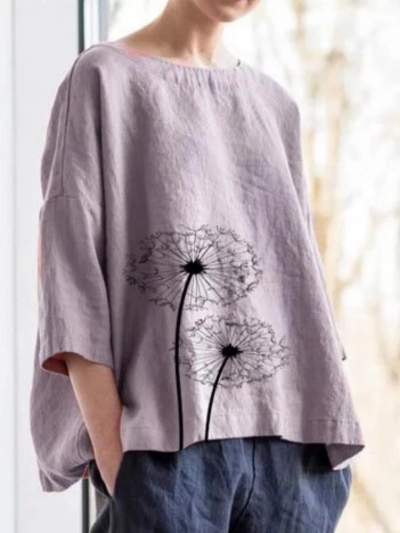 Casual Cotton Round Neck Solid Blouse
