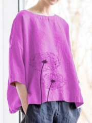 Casual Cotton Round Neck Solid Blouse