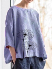 Casual Cotton Round Neck Solid Blouse