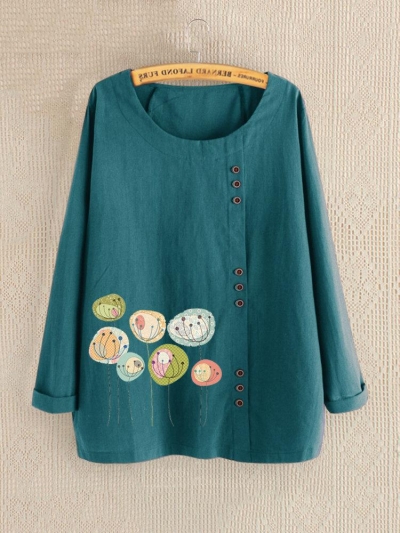 Flower Print Long Sleeve Button Casual Blouse For Women YOUYOUFASHIONEC.com