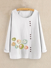 Flower Print Long Sleeve Button Casual Blouse For Women