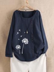 Print Flower Long Sleeve Button Crew Neck Autumn Shirt