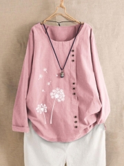 Print Flower Long Sleeve Button Crew Neck Autumn Shirt