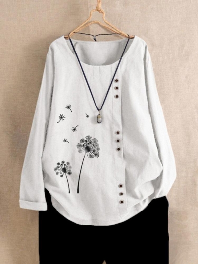 Print Flower Long Sleeve Button Crew Neck Autumn Shirt YOUYOUFASHIONEC.com