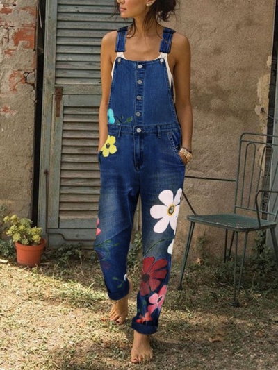 Sleeveless Denim Floral Floral-Print One-Pieces YOUYOUFASHIONEC.com