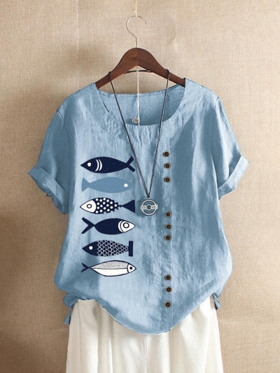 Button Cartoon Fish Print Short Sleeve Casual T-shirt YOUYOUFASHIONEC.com