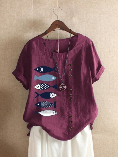 Button Cartoon Fish Print Short Sleeve Casual T-shirt YOUYOUFASHIONEC.com