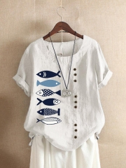 Button Cartoon Fish Print Short Sleeve Casual T-shirt