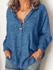 Long Sleeve Cotton-Blend V Neck Casual Blouse