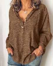 Long Sleeve Cotton-Blend V Neck Casual Blouse