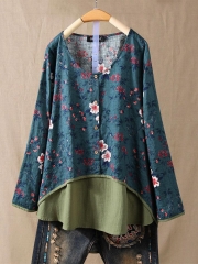 Floral Print Fake Two Pieces Long Sleeve Vintage Blouse