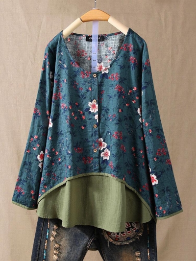 Floral Print Fake Two Pieces Long Sleeve Vintage Blouse YOUYOUFASHIONEC.com