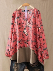 Floral Print Fake Two Pieces Long Sleeve Vintage Blouse