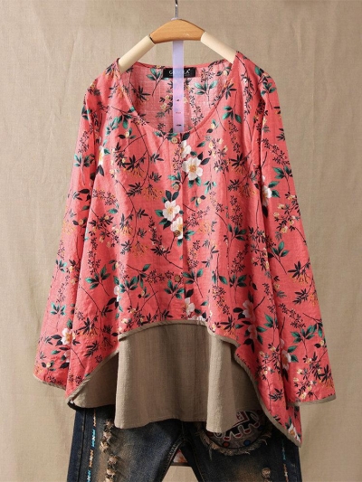Floral Print Fake Two Pieces Long Sleeve Vintage Blouse STYLESIMO.com