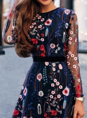 Floral Embroidery Mesh Sleeve Mini Dress