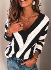 Plus Size Long Sleeve V Neck Geometric Casual Sweater