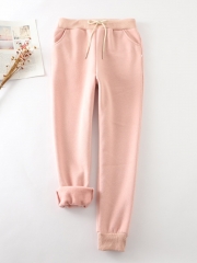 Pink Cotton Casual Elastic Solid Casual Warm Pants