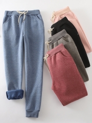 Pink Cotton Casual Elastic Solid Casual Warm Pants