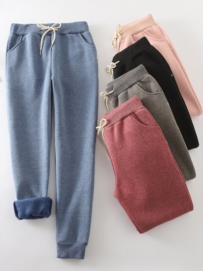 Pink Cotton Casual Elastic Solid Casual Warm Pants YOUYOUFASHIONEC.com