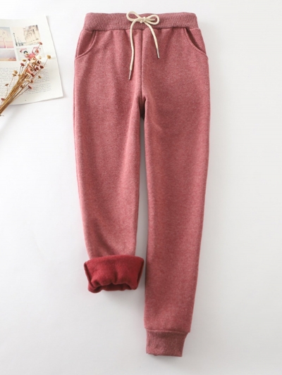 Pink Cotton Casual Elastic Solid Casual Warm Pants STYLESIMO.com