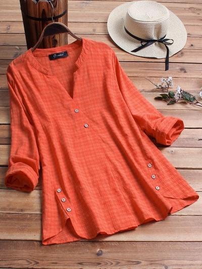 Vintage Plaid Side Button V-neck Long Sleeve Plus Size Shirt STYLESIMO.com
