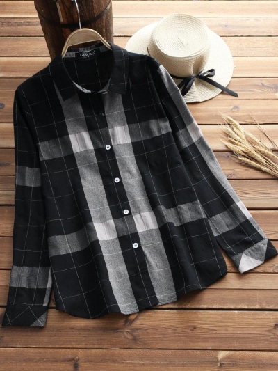 Vintage Plaid Long Sleeve Turn-down Collar Shirts STYLESIMO.com